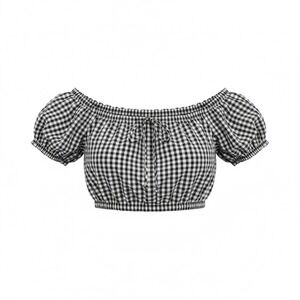 Love J Womens Black White Gingham Off Shoulder Crop Top Puff Sleeve Medium